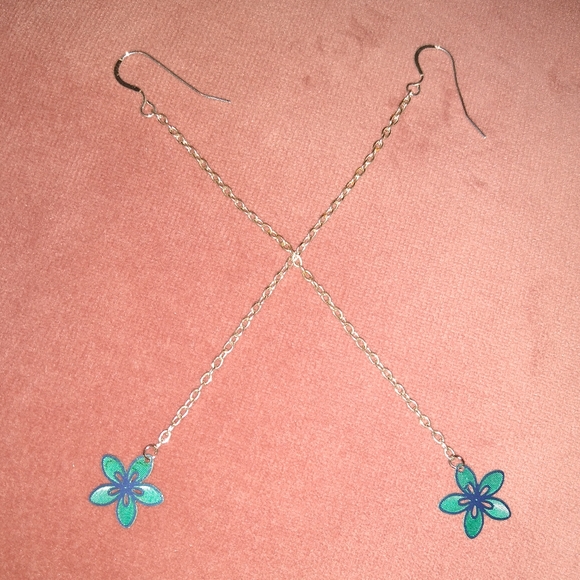 Solid 925 REAL Sterling Silver Hook Long Chain Blue Flower Handmade Earrings New - Picture 6 of 9